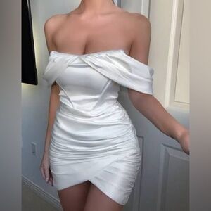 Leau Divine White Satin Mini Dress Off the Shoulder Rouched Bridal Corset XS